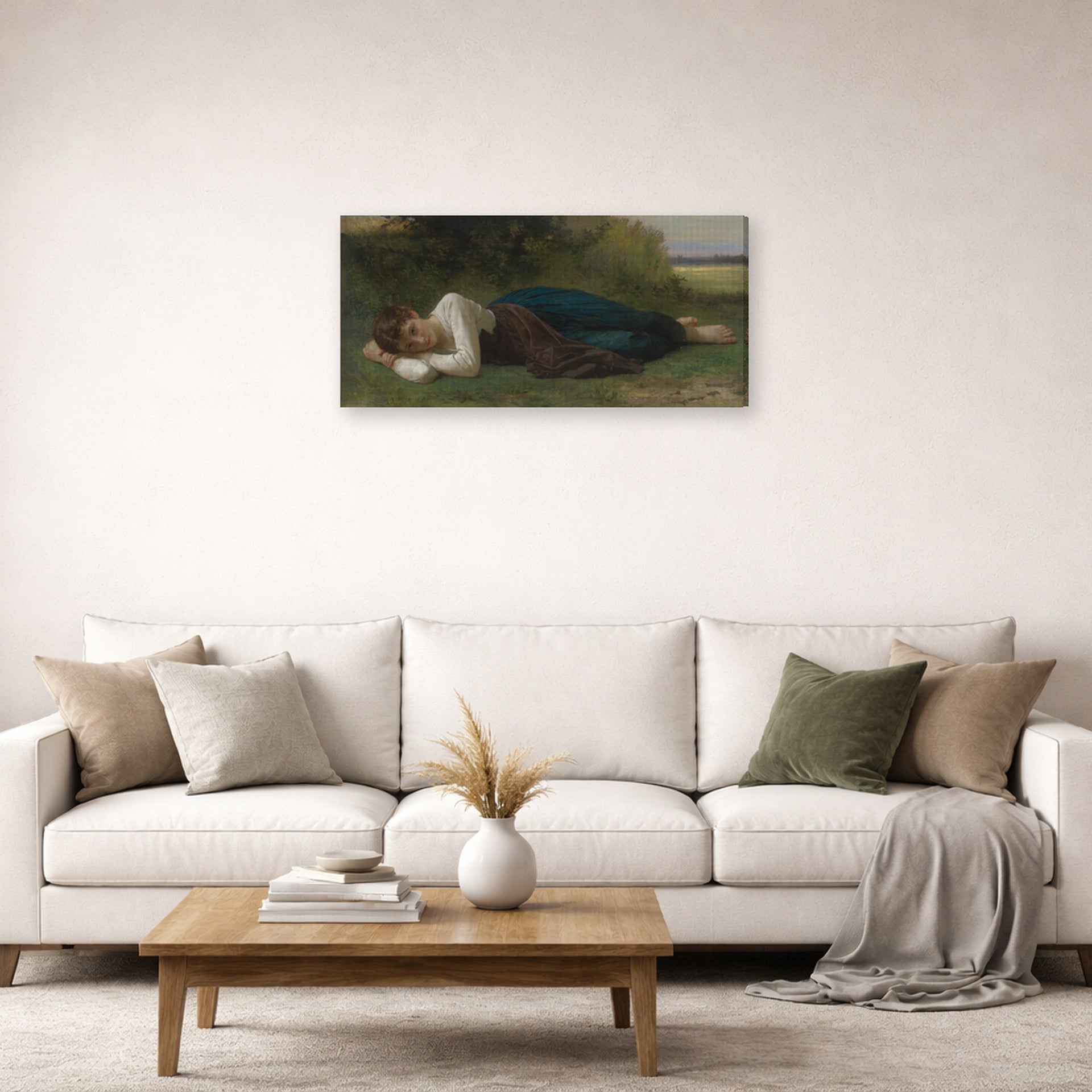 Gallery-wrapped canvas print of William-Adolphe Bouguereau's Girl Lying displayed on a wall in a second living room setting