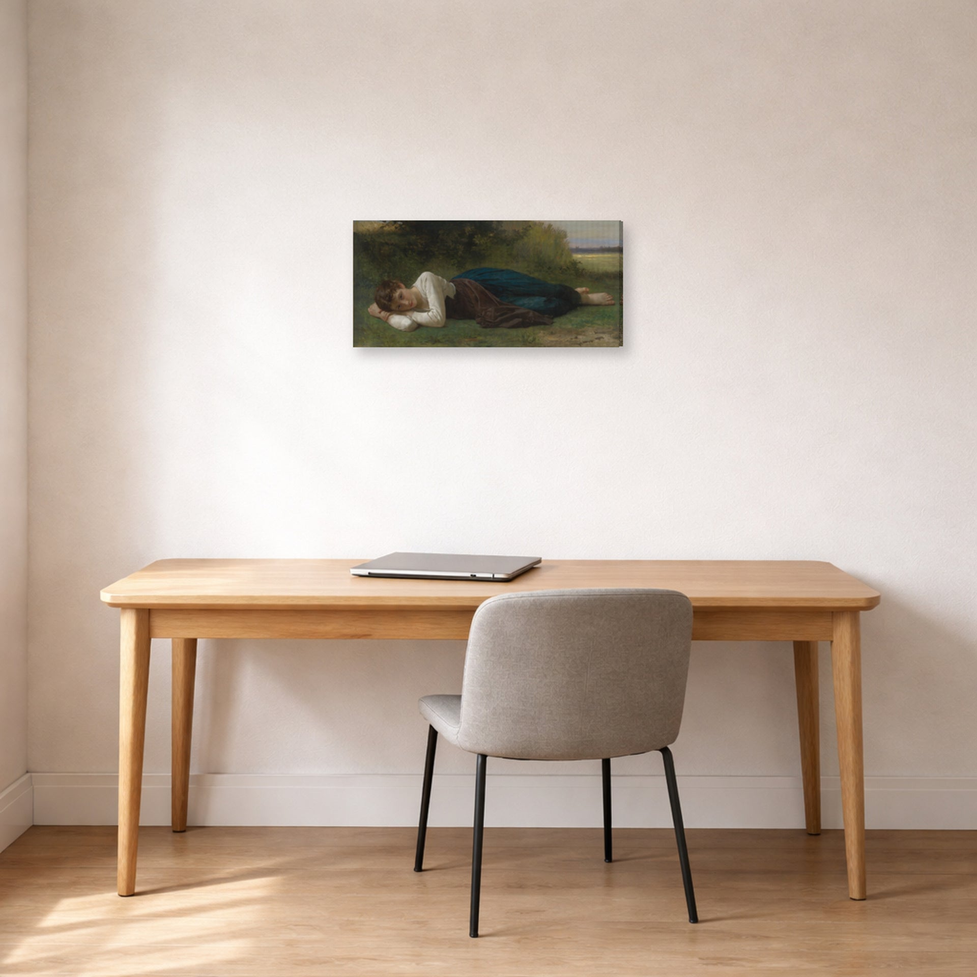 Gallery-wrapped canvas print of William-Adolphe Bouguereau's Girl Lying displayed on a wall in a office