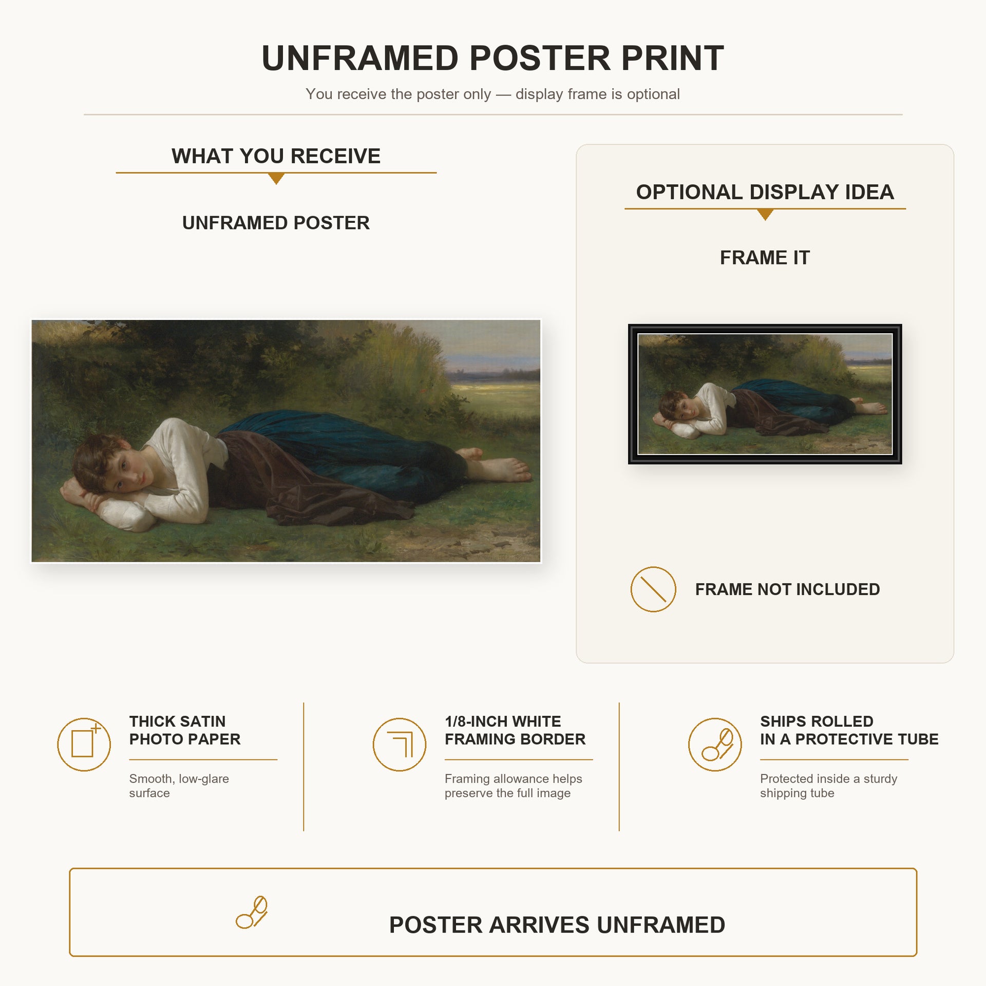 William-Adolphe Bouguereau - Girl Lying poster print size comparison and framing display infographic