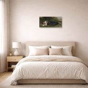 Unframed poster print of William-Adolphe Bouguereau's Girl Lying displayed on a wall in a bedroom