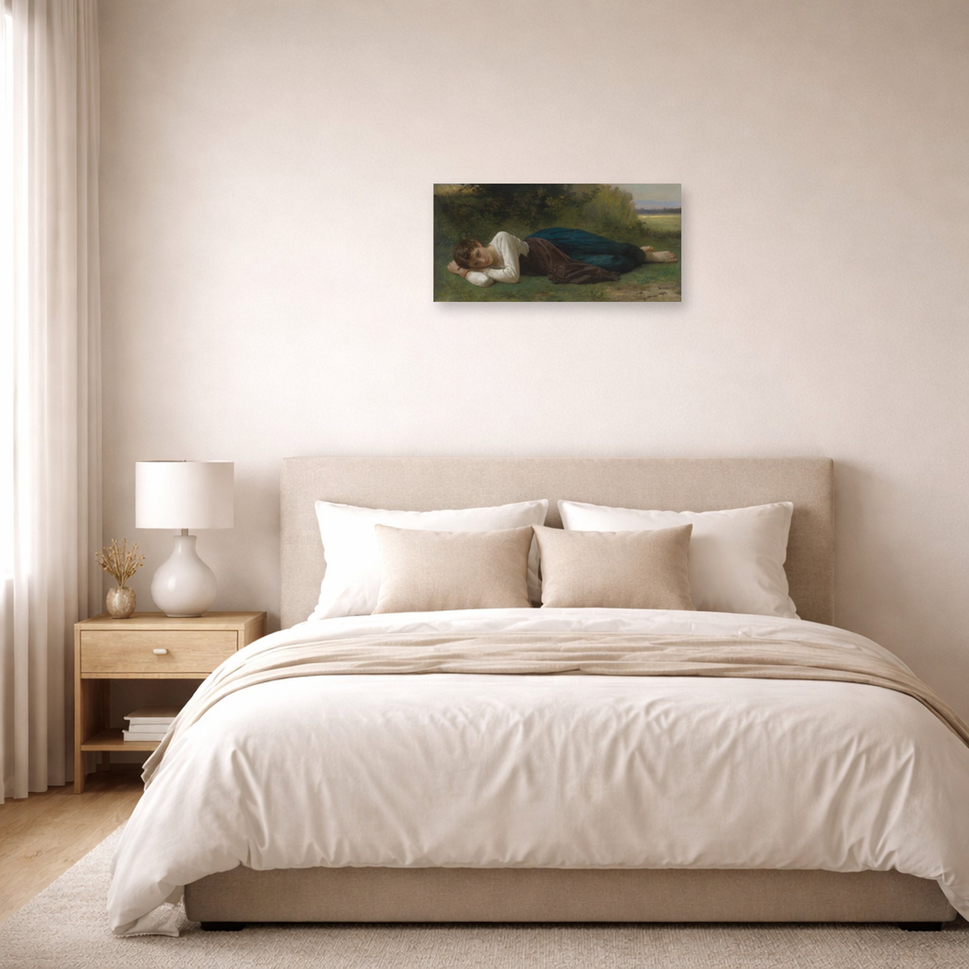 Unframed poster print of William-Adolphe Bouguereau's Girl Lying displayed on a wall in a bedroom