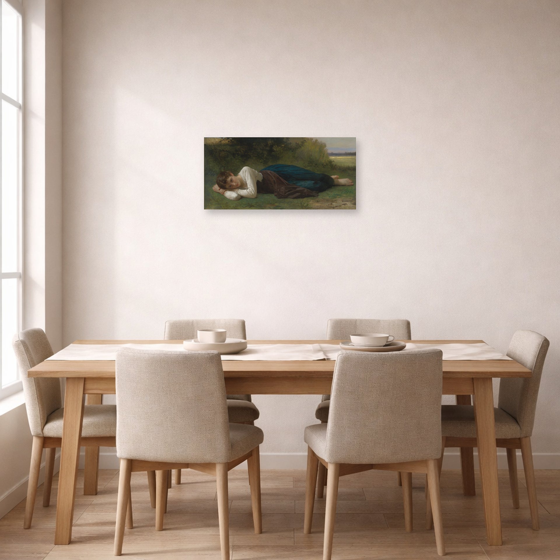Unframed poster print of William-Adolphe Bouguereau's Girl Lying displayed on a wall in a dining room