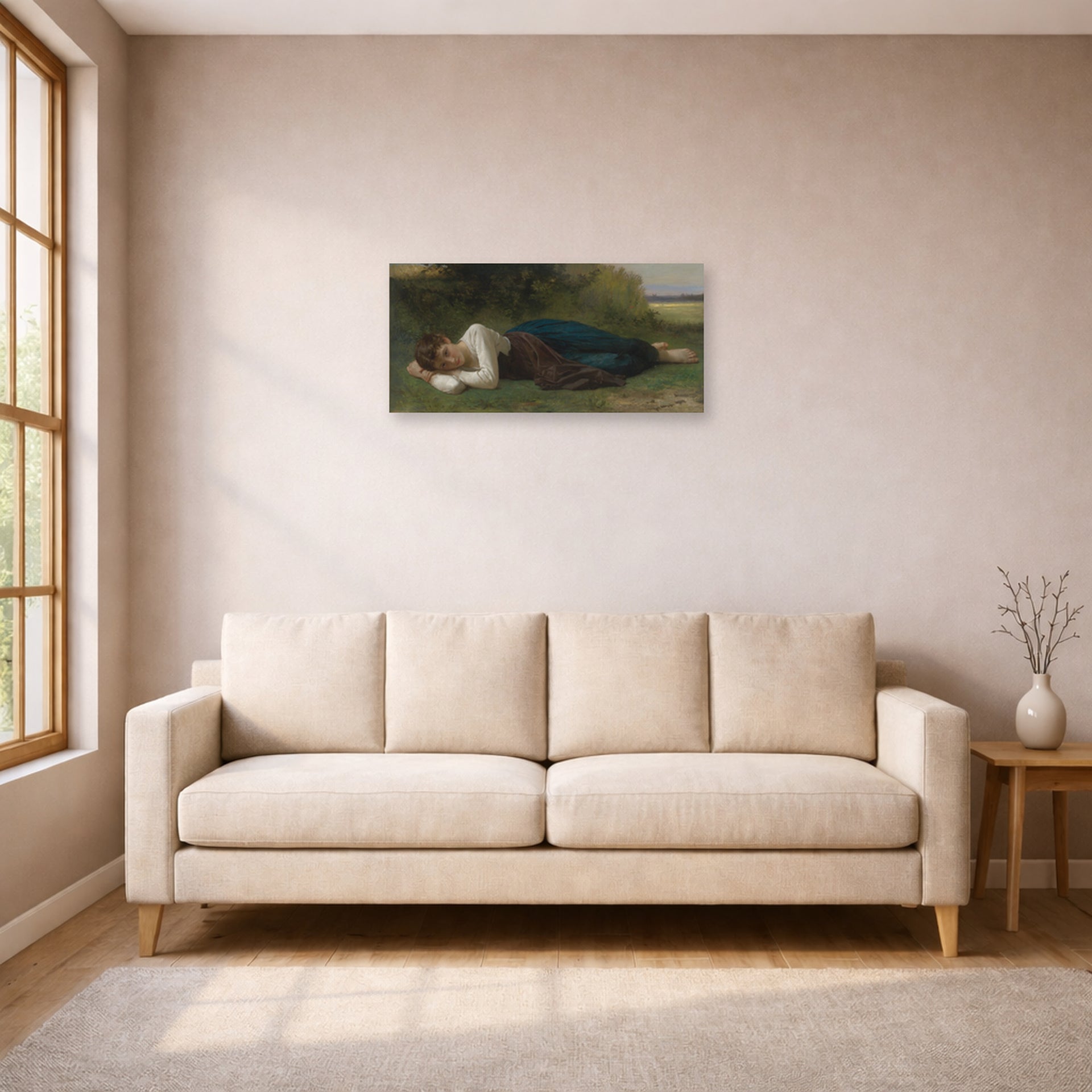 Unframed poster print of William-Adolphe Bouguereau's Girl Lying displayed on a wall in a living room