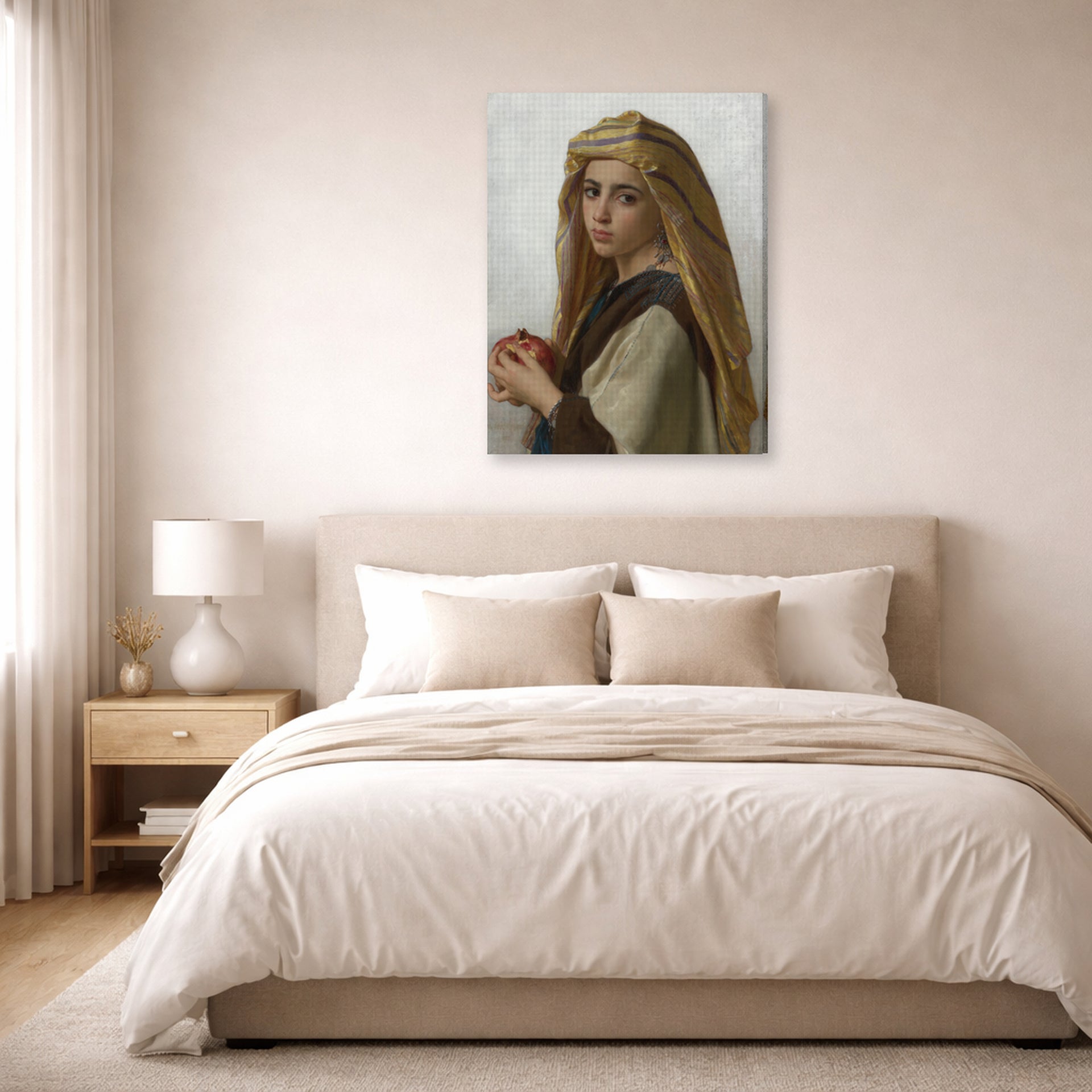 Gallery-wrapped canvas print of William-Adolphe Bouguereau's Girl with a Pomegranate displayed on a wall in a bedroom
