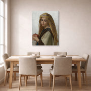 Gallery-wrapped canvas print of William-Adolphe Bouguereau's Girl with a Pomegranate displayed on a wall in a dining room