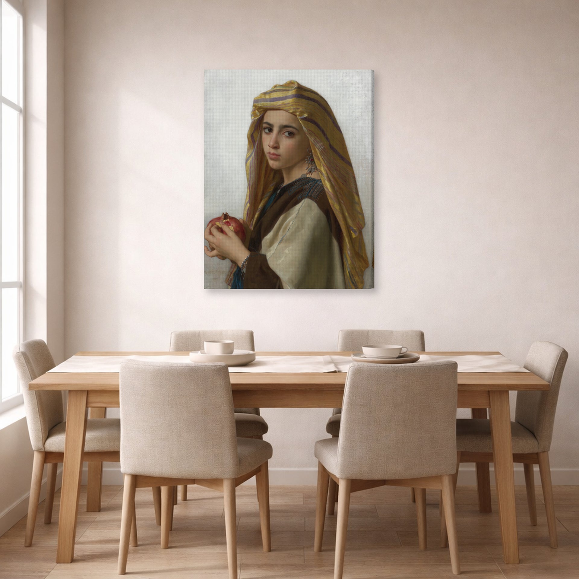 Gallery-wrapped canvas print of William-Adolphe Bouguereau's Girl with a Pomegranate displayed on a wall in a dining room