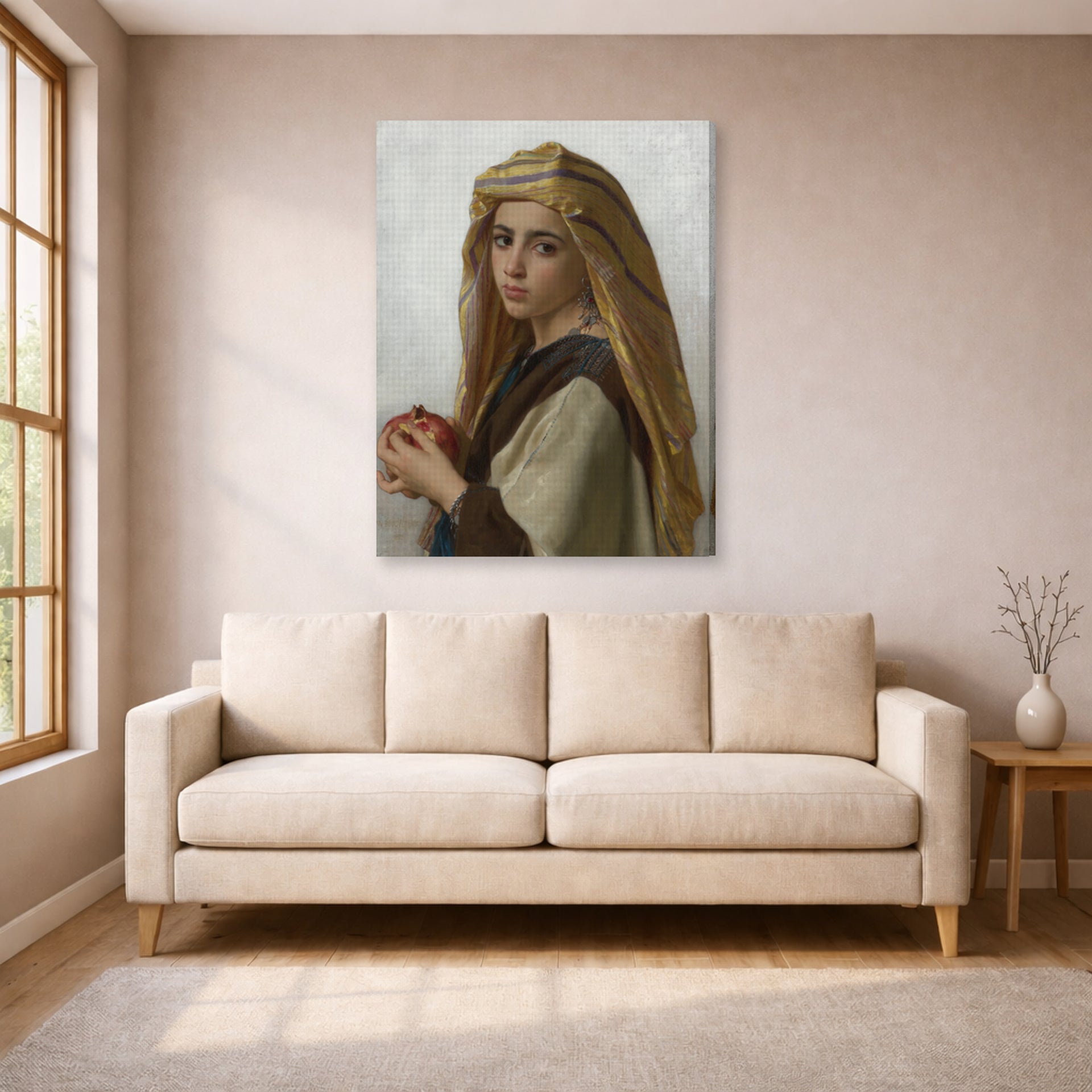 Gallery-wrapped canvas print of William-Adolphe Bouguereau's Girl with a Pomegranate displayed on a wall in a living room