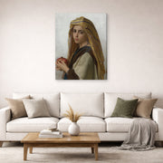 Gallery-wrapped canvas print of William-Adolphe Bouguereau's Girl with a Pomegranate displayed on a wall in a second living room setting