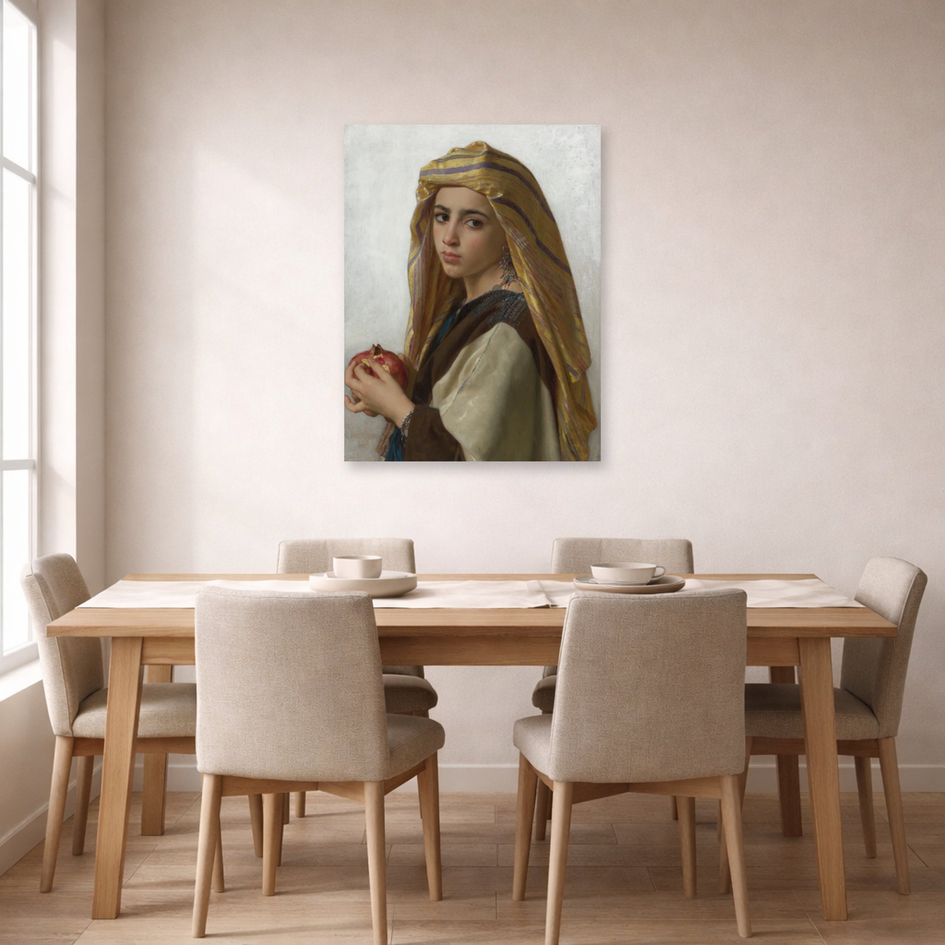 Unframed poster print of William-Adolphe Bouguereau's Girl with a Pomegranate displayed on a wall in a dining room