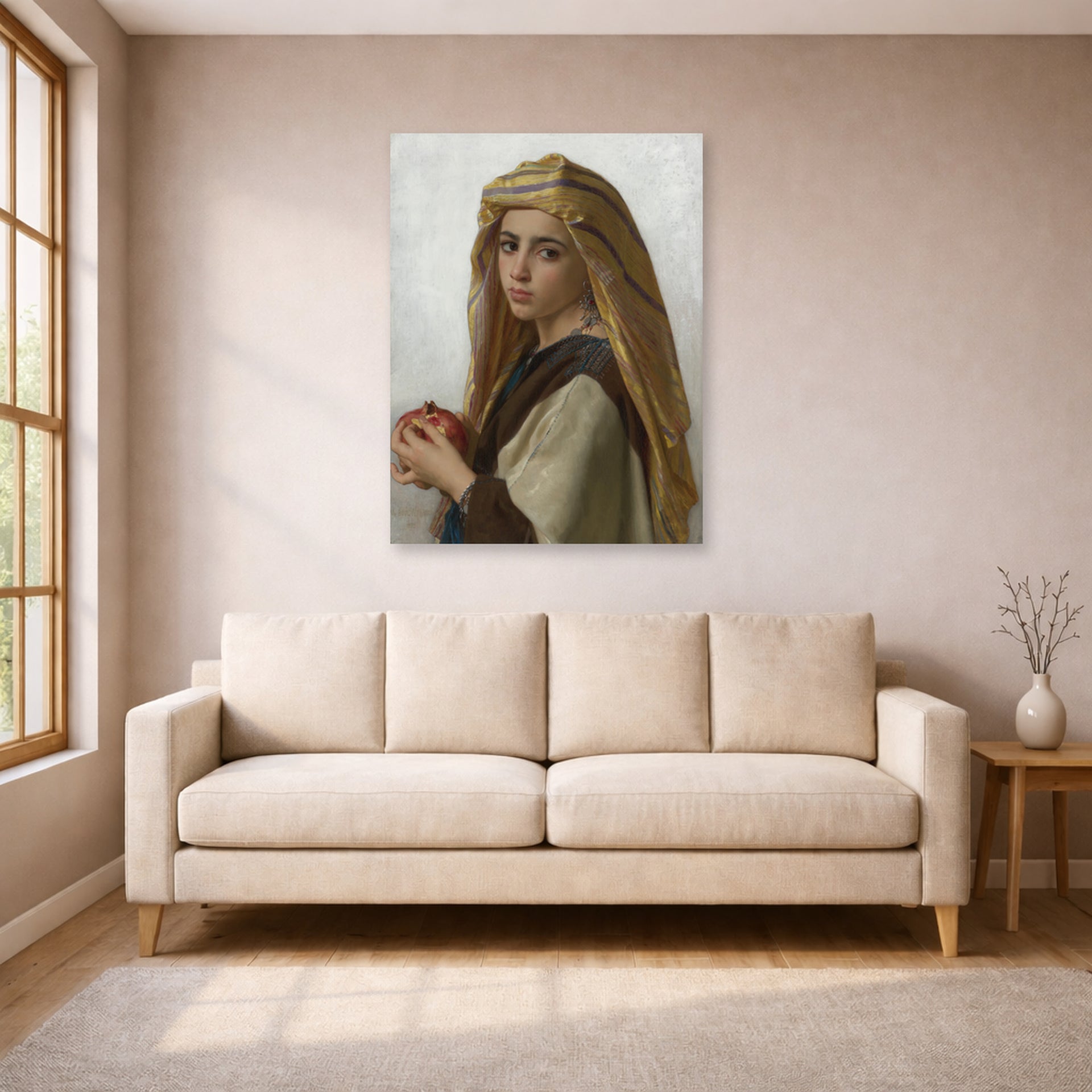Unframed poster print of William-Adolphe Bouguereau's Girl with a Pomegranate displayed on a wall in a living room