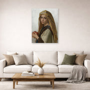 Unframed poster print of William-Adolphe Bouguereau's Girl with a Pomegranate displayed on a wall in a second living room setting