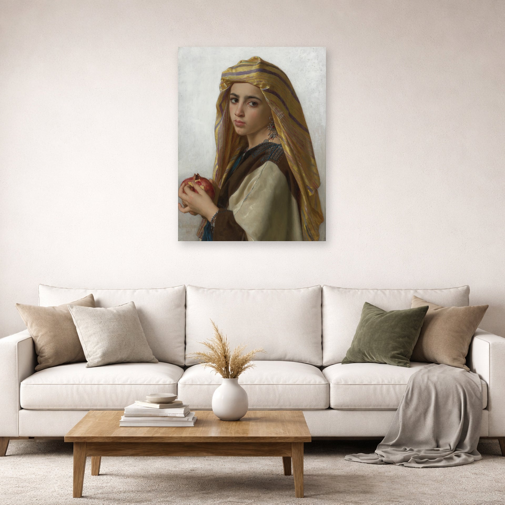 Unframed poster print of William-Adolphe Bouguereau's Girl with a Pomegranate displayed on a wall in a second living room setting
