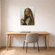 Unframed poster print of William-Adolphe Bouguereau's Girl with a Pomegranate displayed on a wall in a office