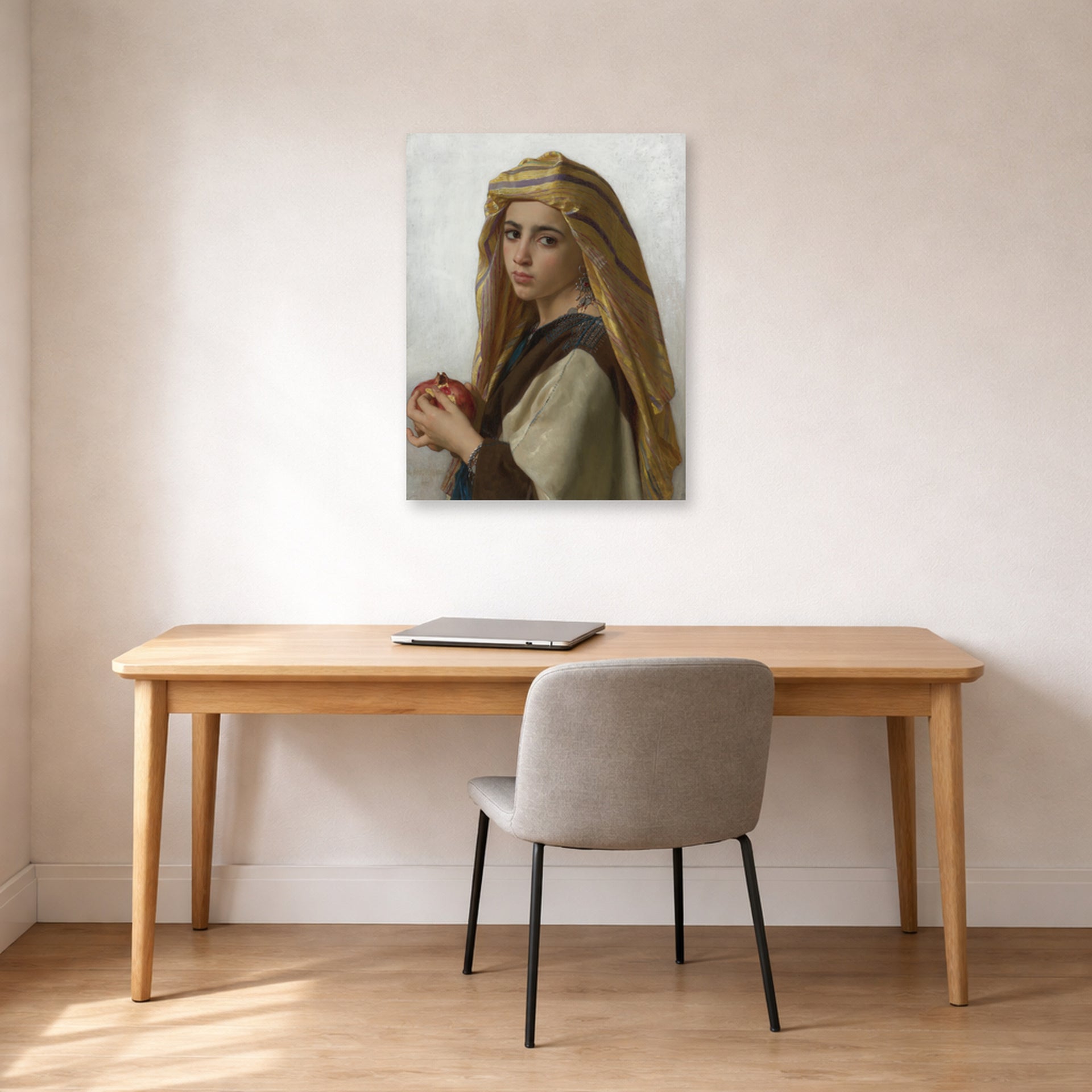Unframed poster print of William-Adolphe Bouguereau's Girl with a Pomegranate displayed on a wall in a office