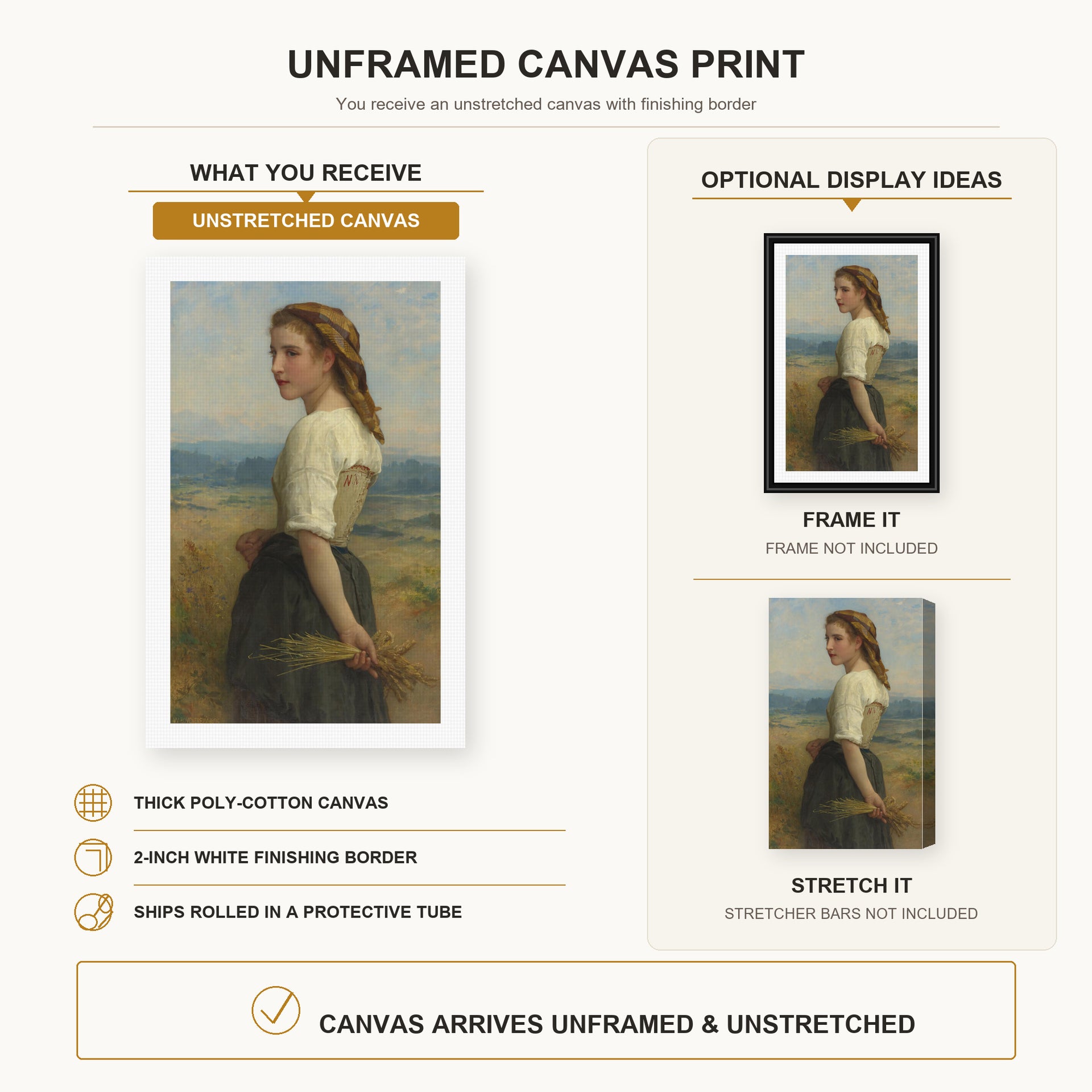 William-Adolphe Bouguereau - Glaneuse canvas print size comparison and framing display infographic
