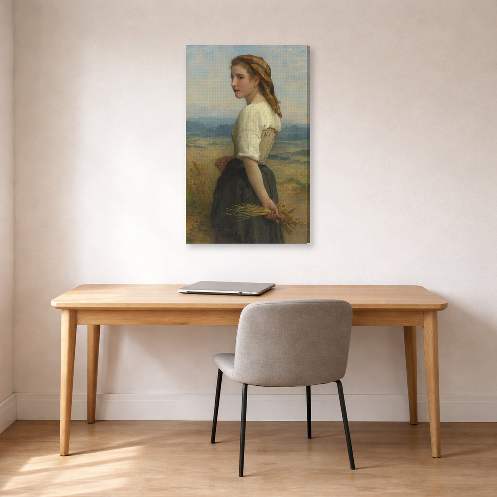 Gallery-wrapped canvas print of William-Adolphe Bouguereau's Glaneuse displayed on a wall in a office