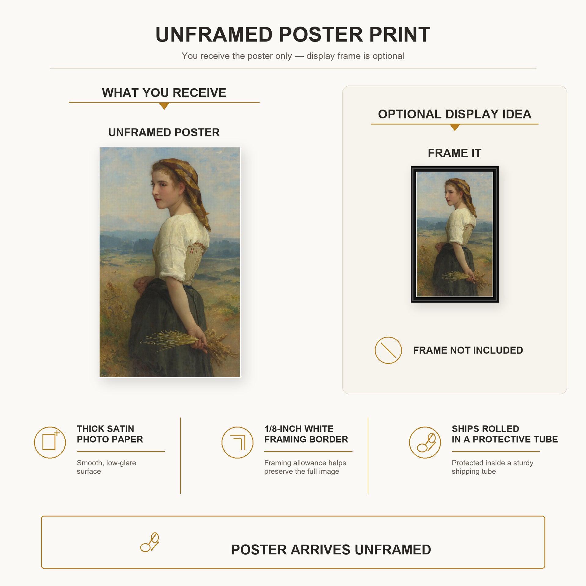 William-Adolphe Bouguereau - Glaneuse poster print size comparison and framing display infographic
