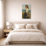 Unframed poster print of William-Adolphe Bouguereau's Glaneuse displayed on a wall in a bedroom