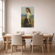 Unframed poster print of William-Adolphe Bouguereau's Glaneuse displayed on a wall in a dining room