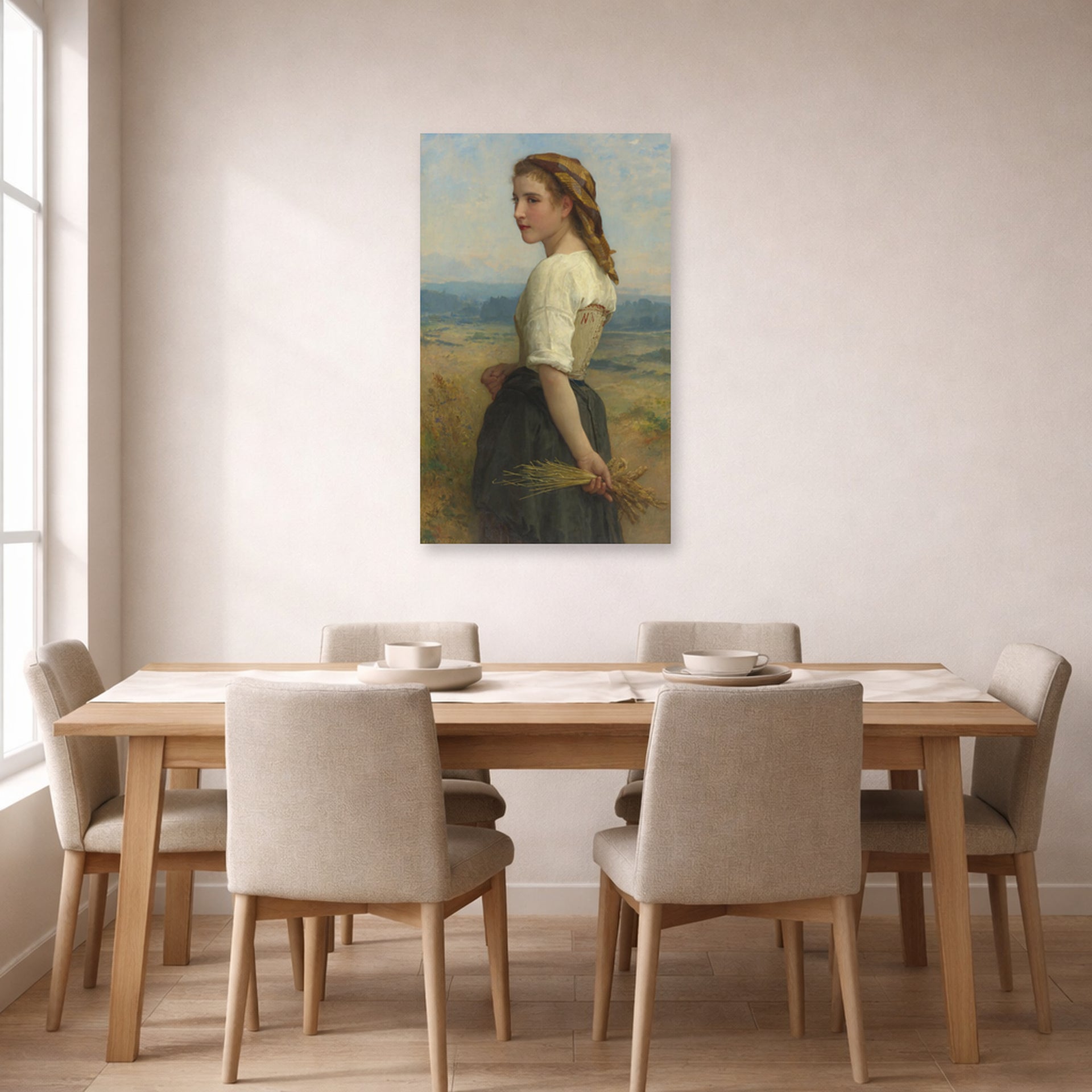 Unframed poster print of William-Adolphe Bouguereau's Glaneuse displayed on a wall in a dining room