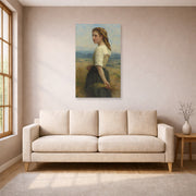 Unframed poster print of William-Adolphe Bouguereau's Glaneuse displayed on a wall in a living room