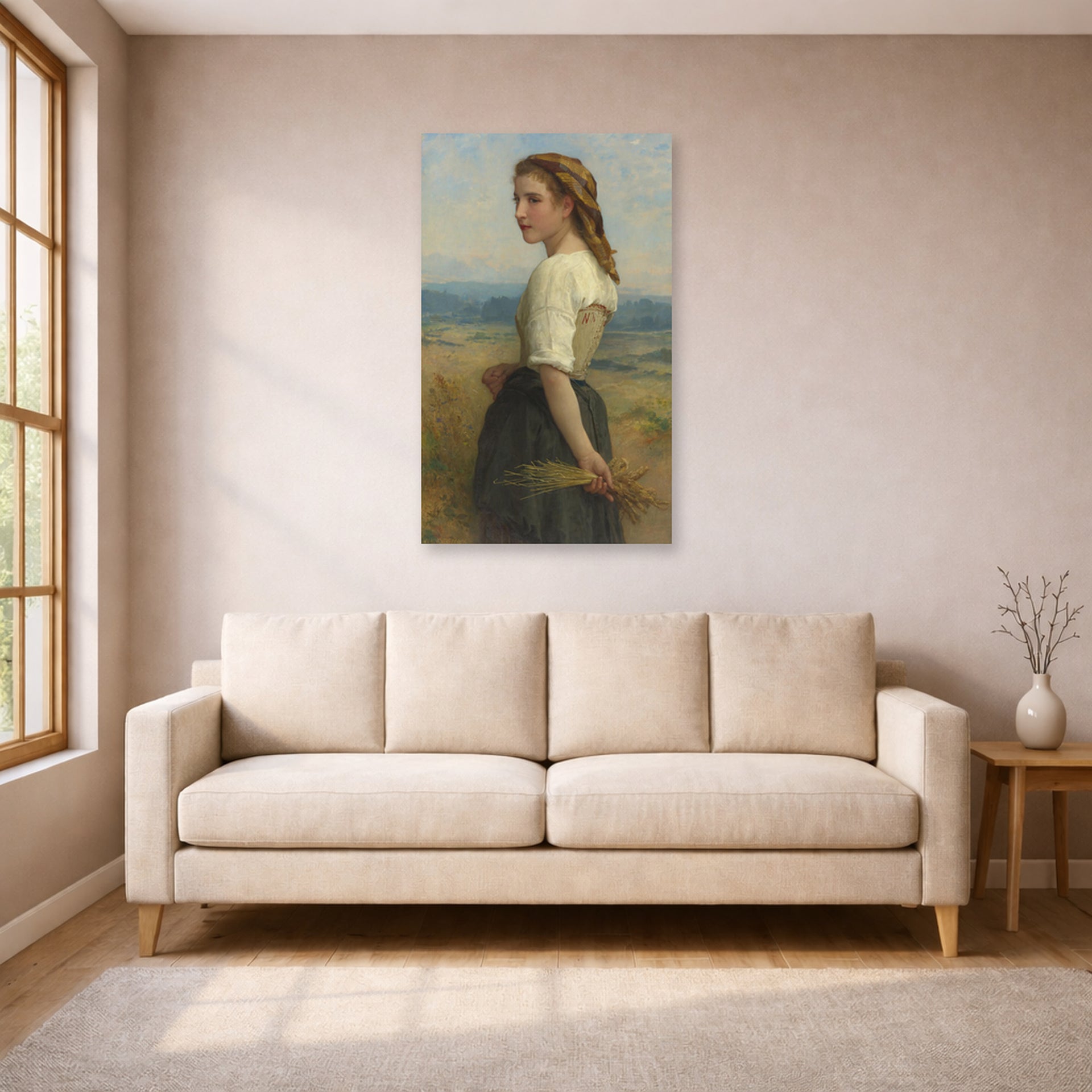 Unframed poster print of William-Adolphe Bouguereau's Glaneuse displayed on a wall in a living room