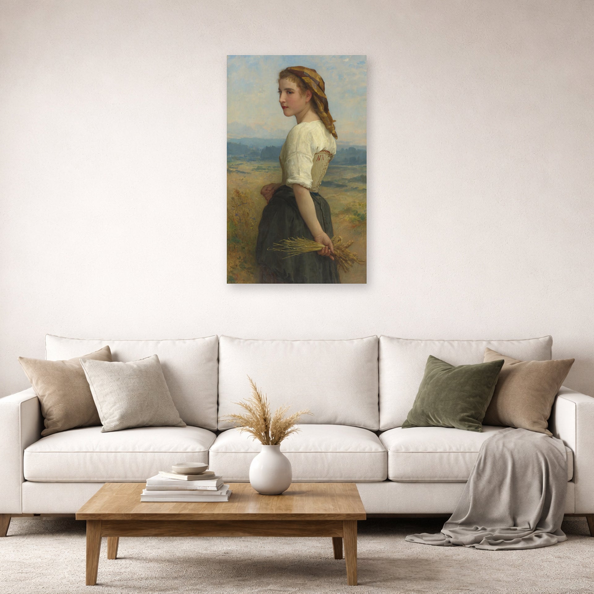 Unframed poster print of William-Adolphe Bouguereau's Glaneuse displayed on a wall in a second living room setting