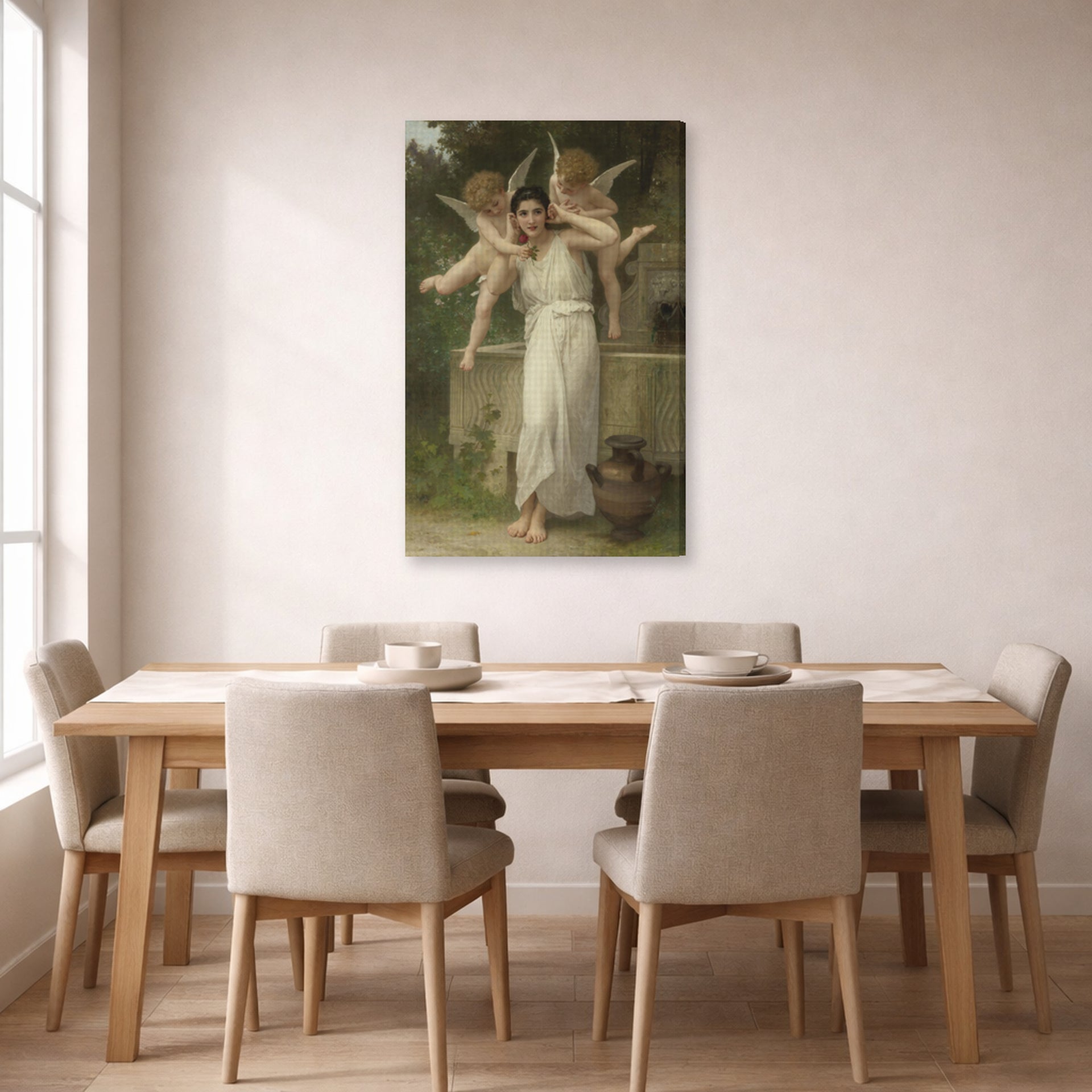 Gallery-wrapped canvas print of William-Adolphe Bouguereau's Jeunesse displayed on a wall in a dining room