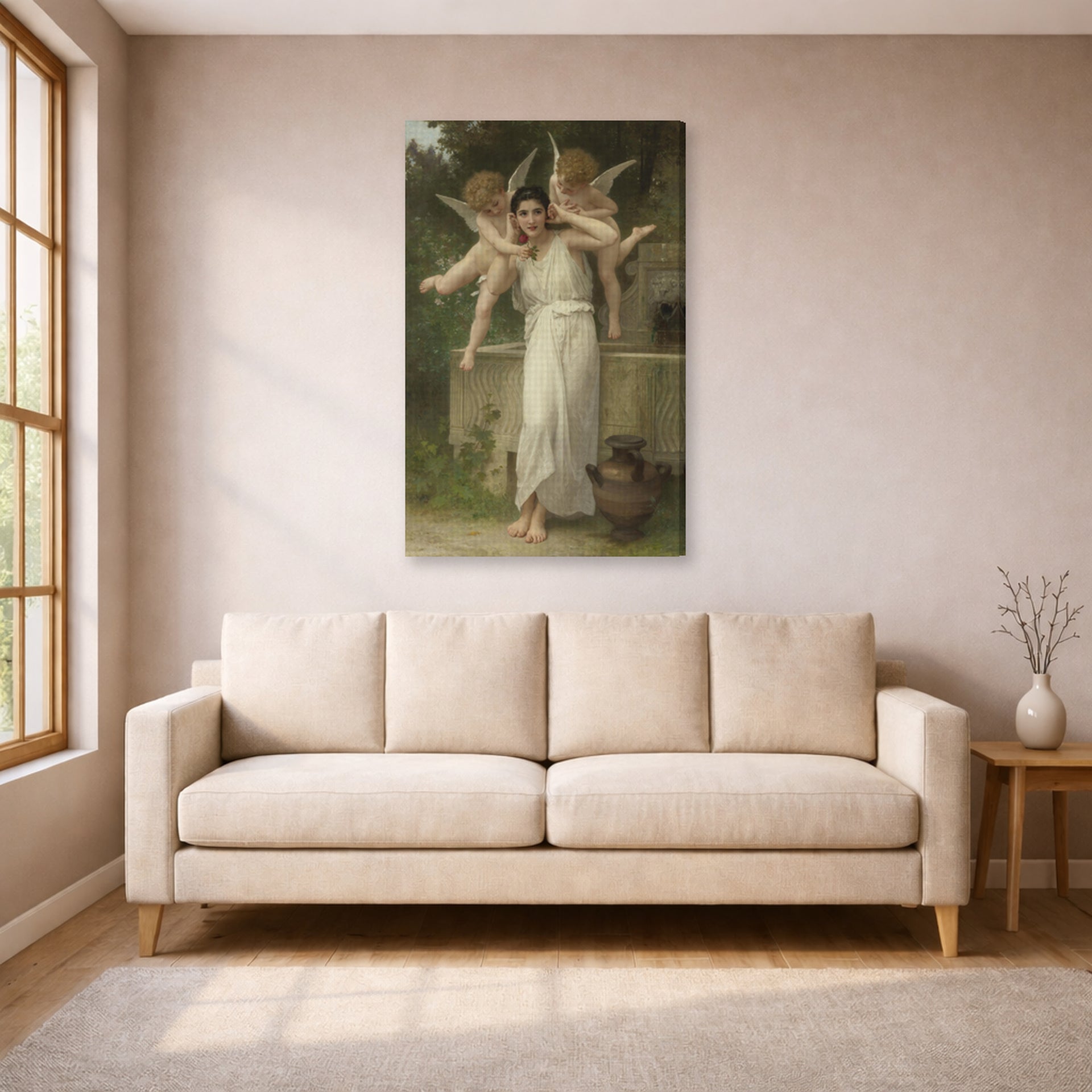 Gallery-wrapped canvas print of William-Adolphe Bouguereau's Jeunesse displayed on a wall in a living room