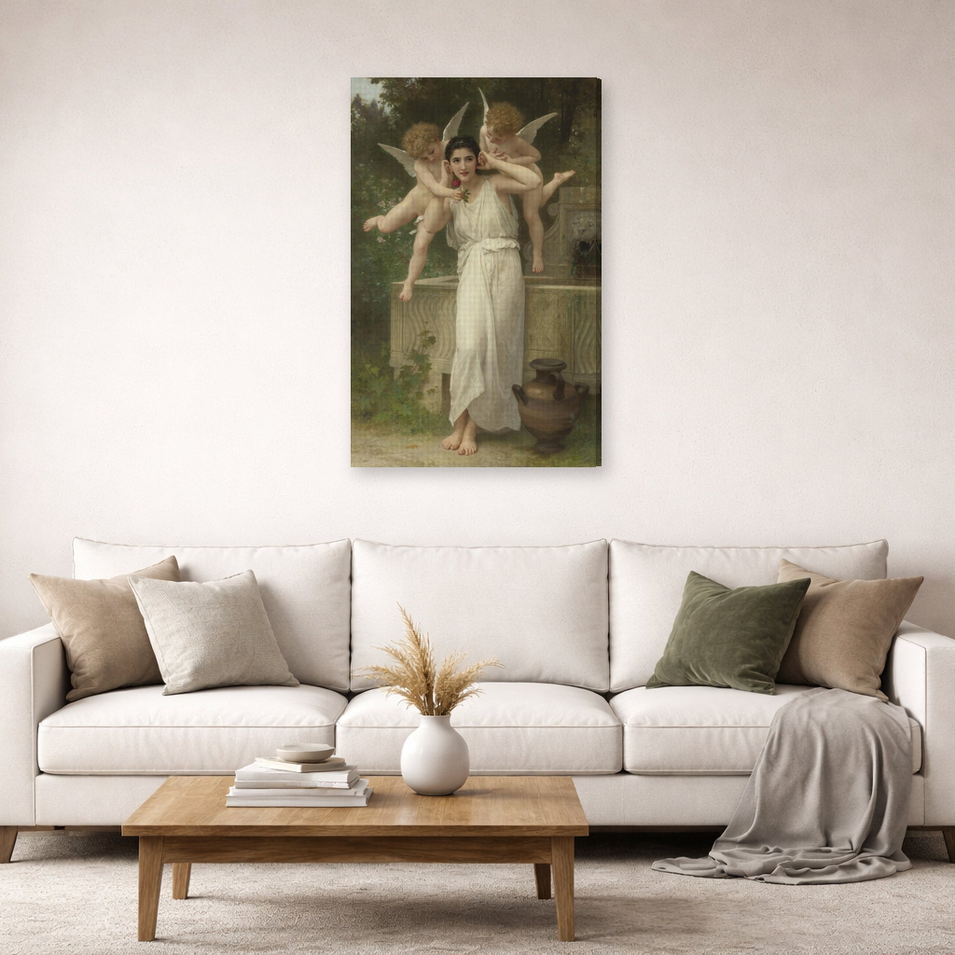 Gallery-wrapped canvas print of William-Adolphe Bouguereau's Jeunesse displayed on a wall in a second living room setting