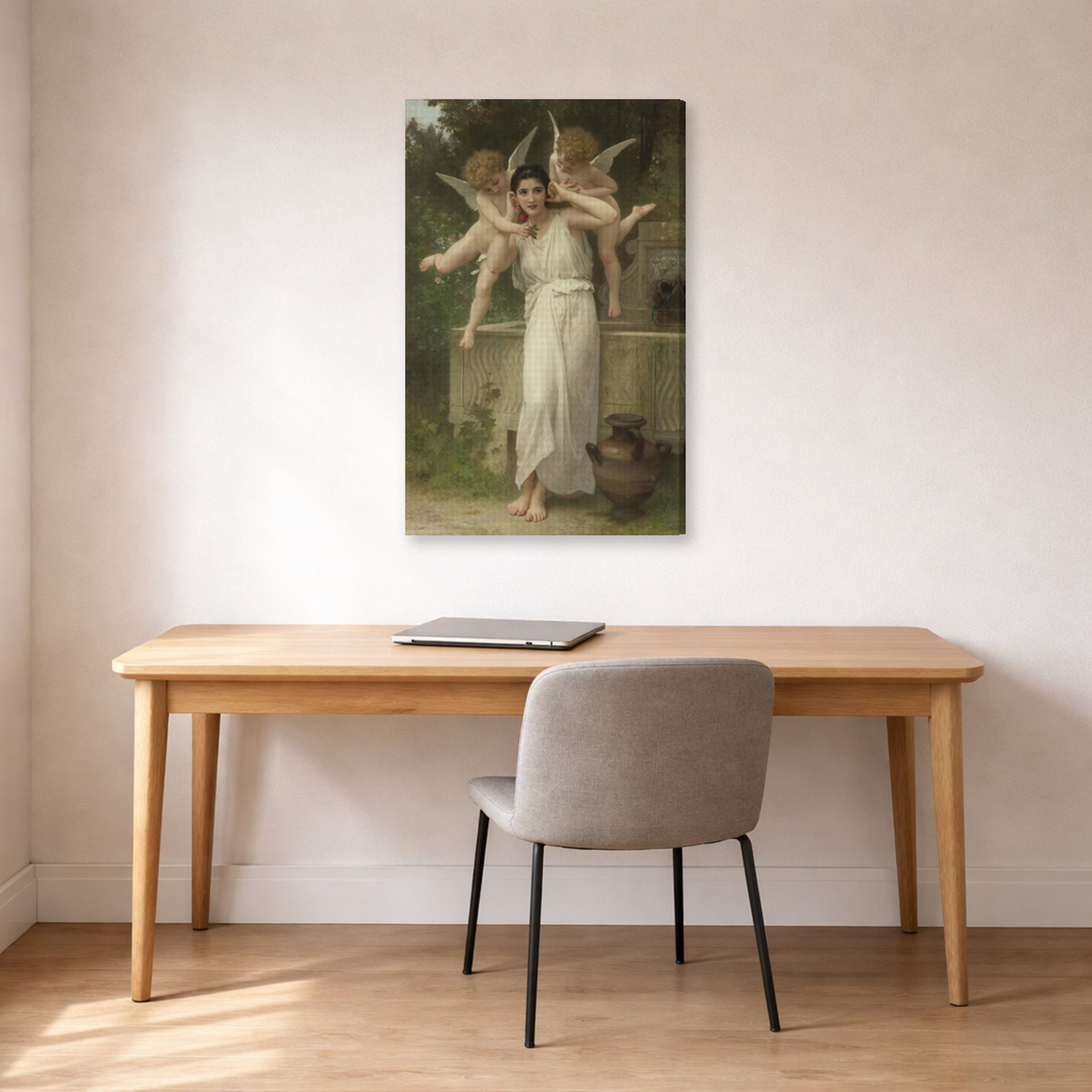 Gallery-wrapped canvas print of William-Adolphe Bouguereau's Jeunesse displayed on a wall in a office