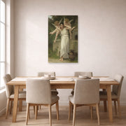 Unframed poster print of William-Adolphe Bouguereau's Jeunesse displayed on a wall in a dining room