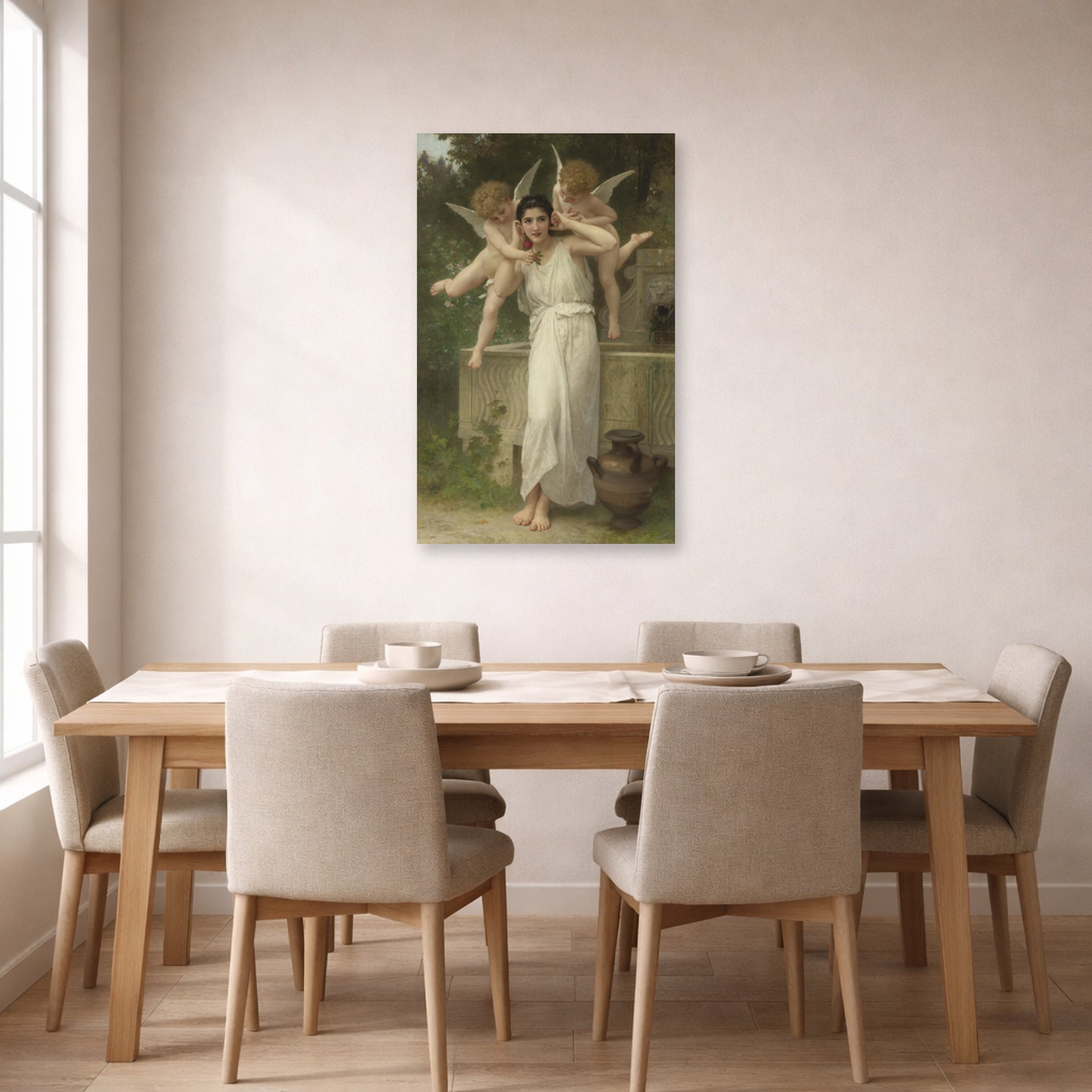 Unframed poster print of William-Adolphe Bouguereau's Jeunesse displayed on a wall in a dining room