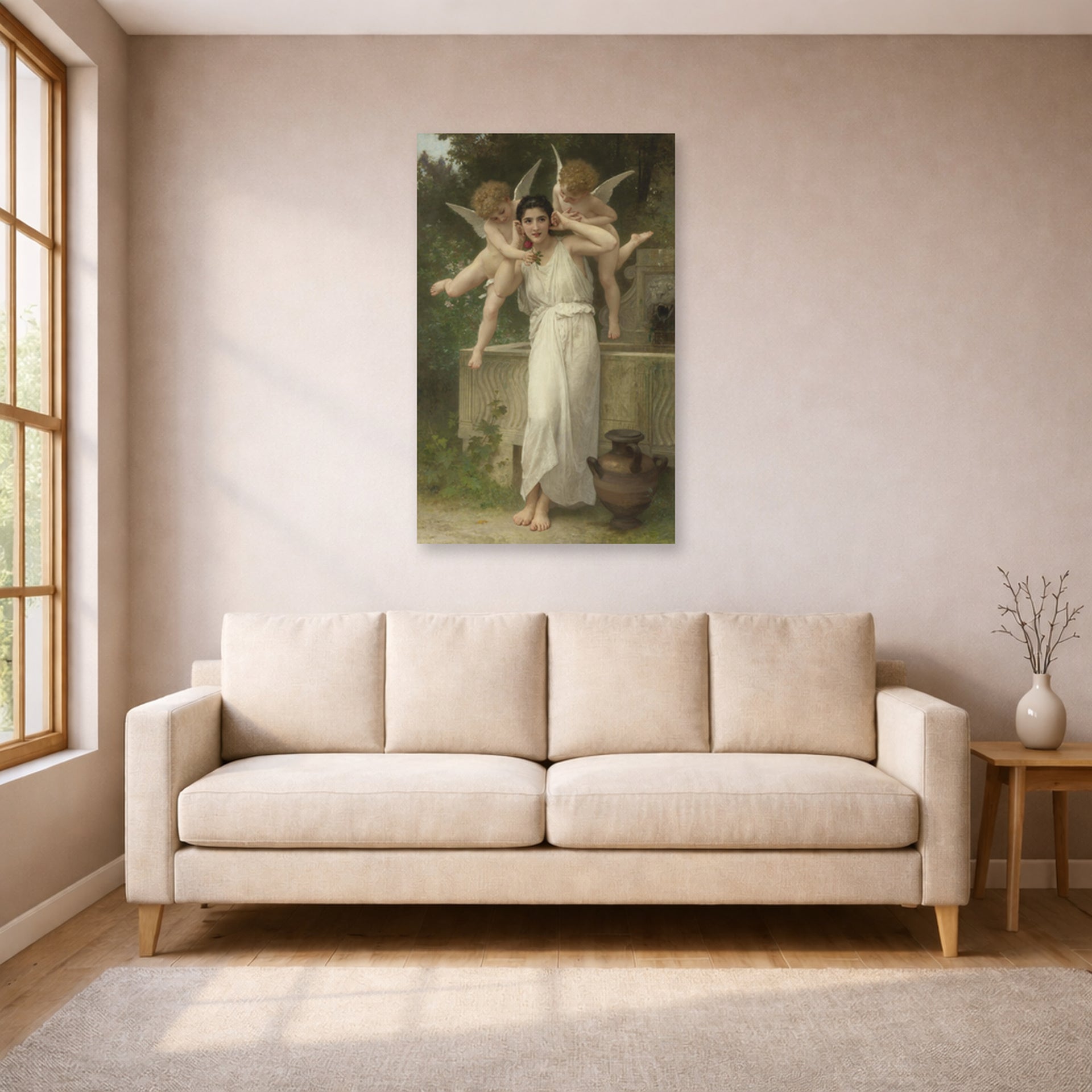 Unframed poster print of William-Adolphe Bouguereau's Jeunesse displayed on a wall in a living room