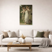 Unframed poster print of William-Adolphe Bouguereau's Jeunesse displayed on a wall in a second living room setting