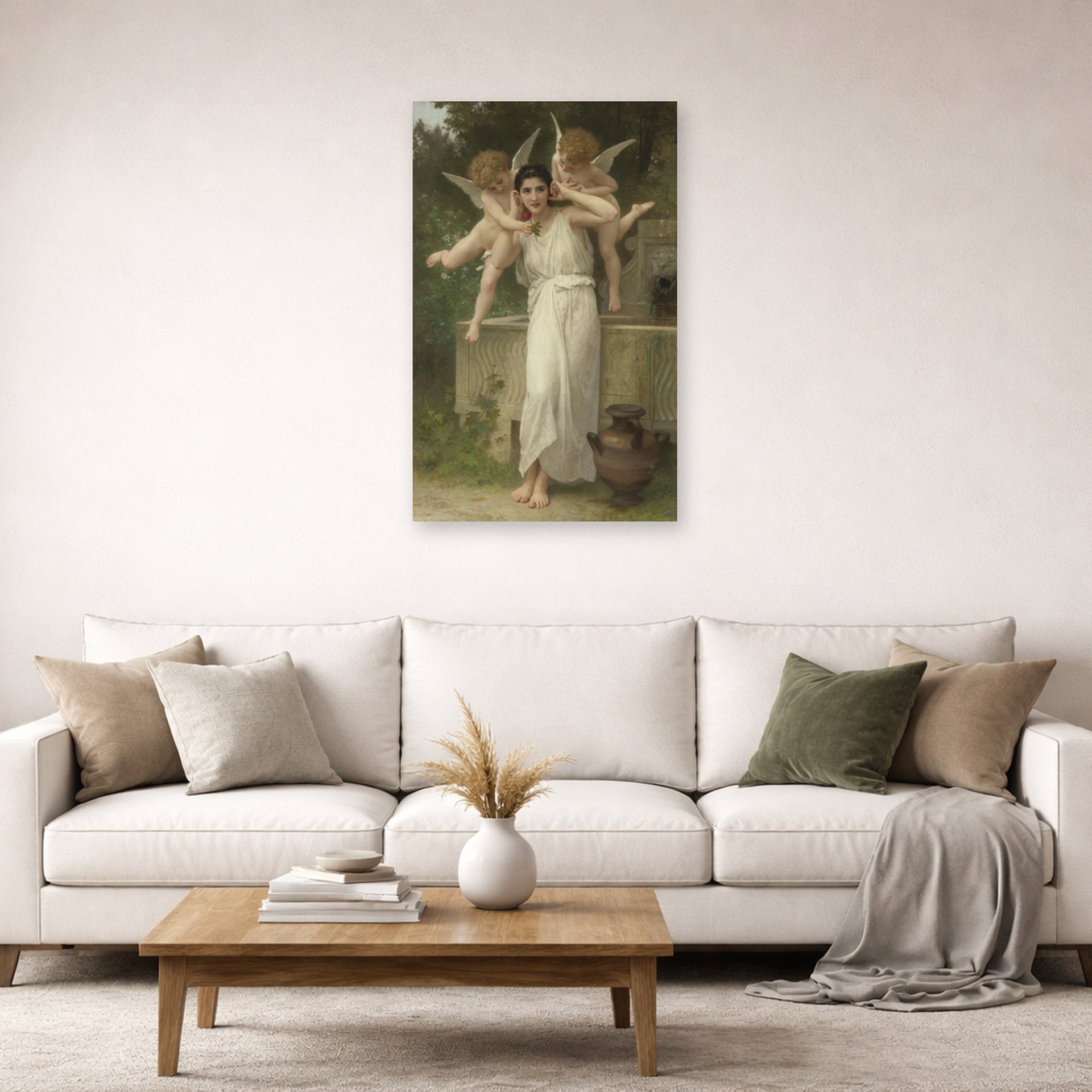 Unframed poster print of William-Adolphe Bouguereau's Jeunesse displayed on a wall in a second living room setting