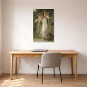 Unframed poster print of William-Adolphe Bouguereau's Jeunesse displayed on a wall in a office