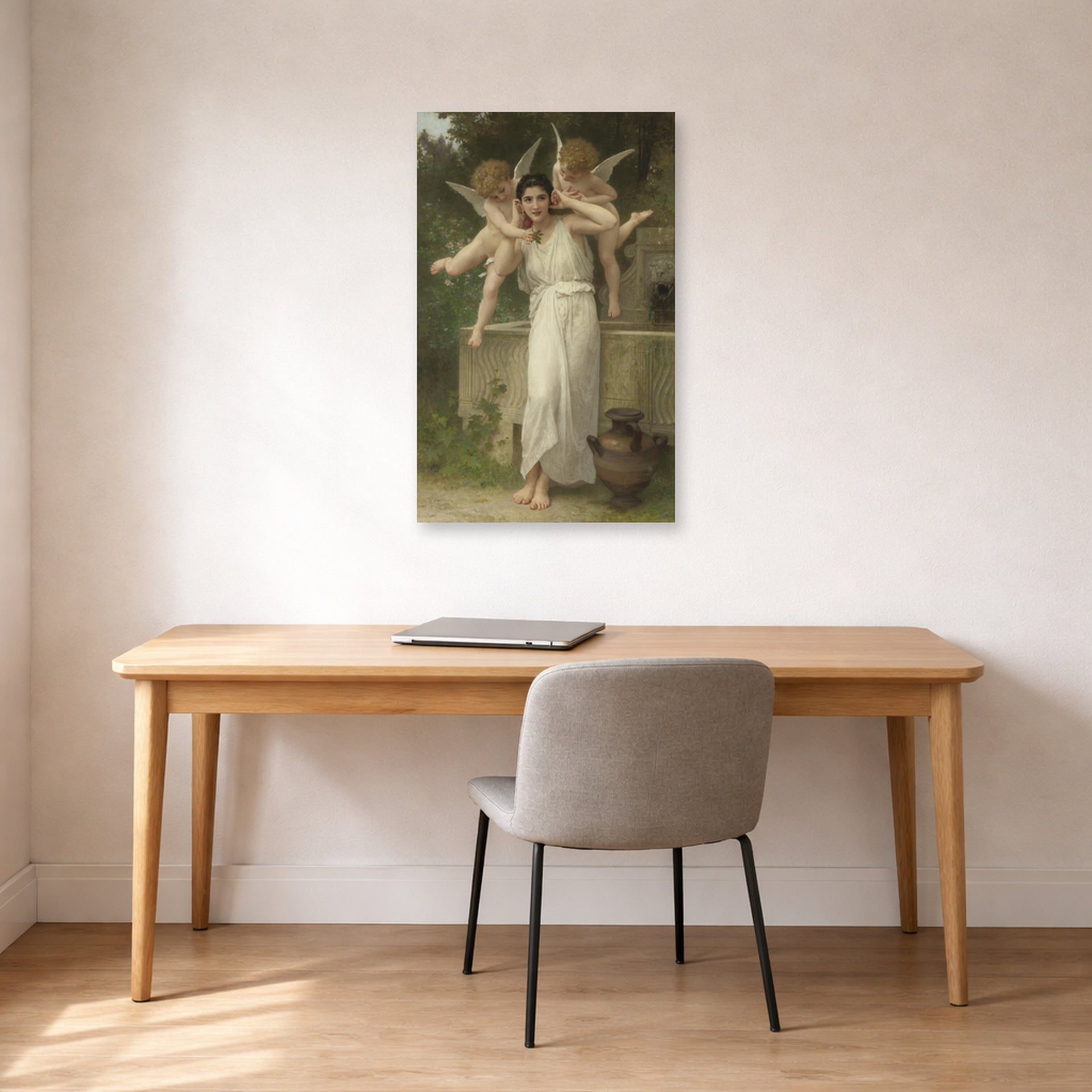 Unframed poster print of William-Adolphe Bouguereau's Jeunesse displayed on a wall in a office