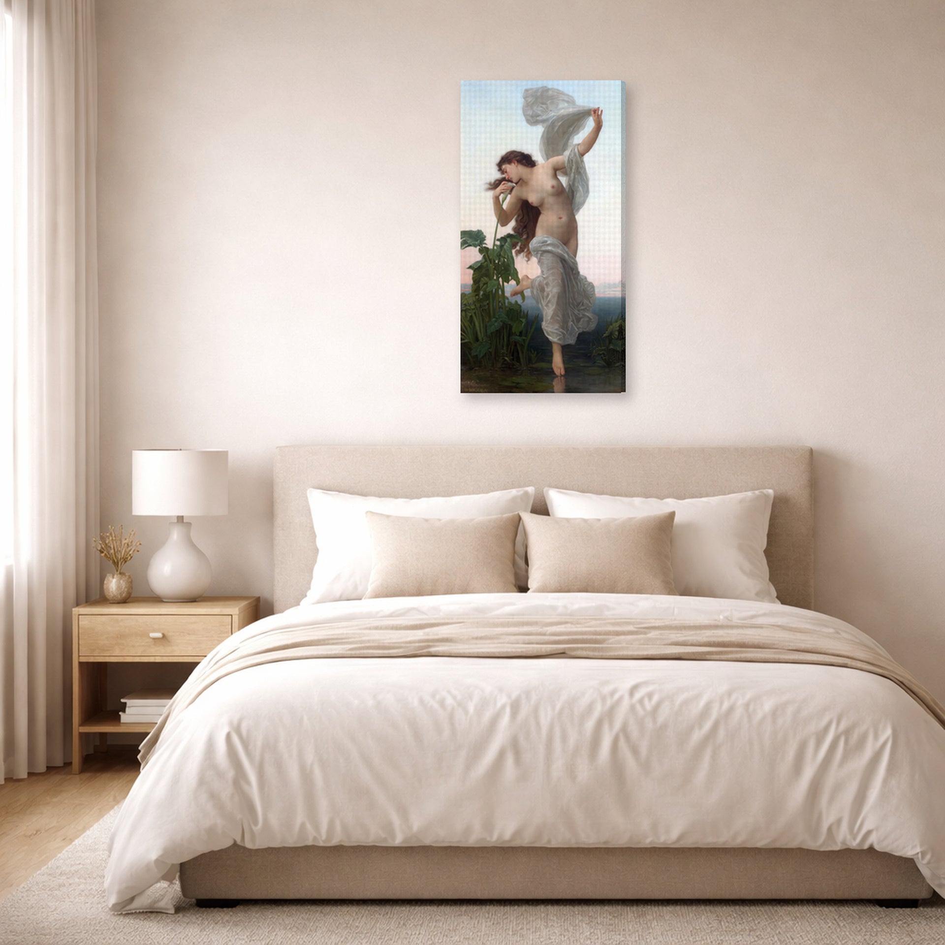 Gallery-wrapped canvas print of William-Adolphe Bouguereau's L'aurore displayed on a wall in a bedroom