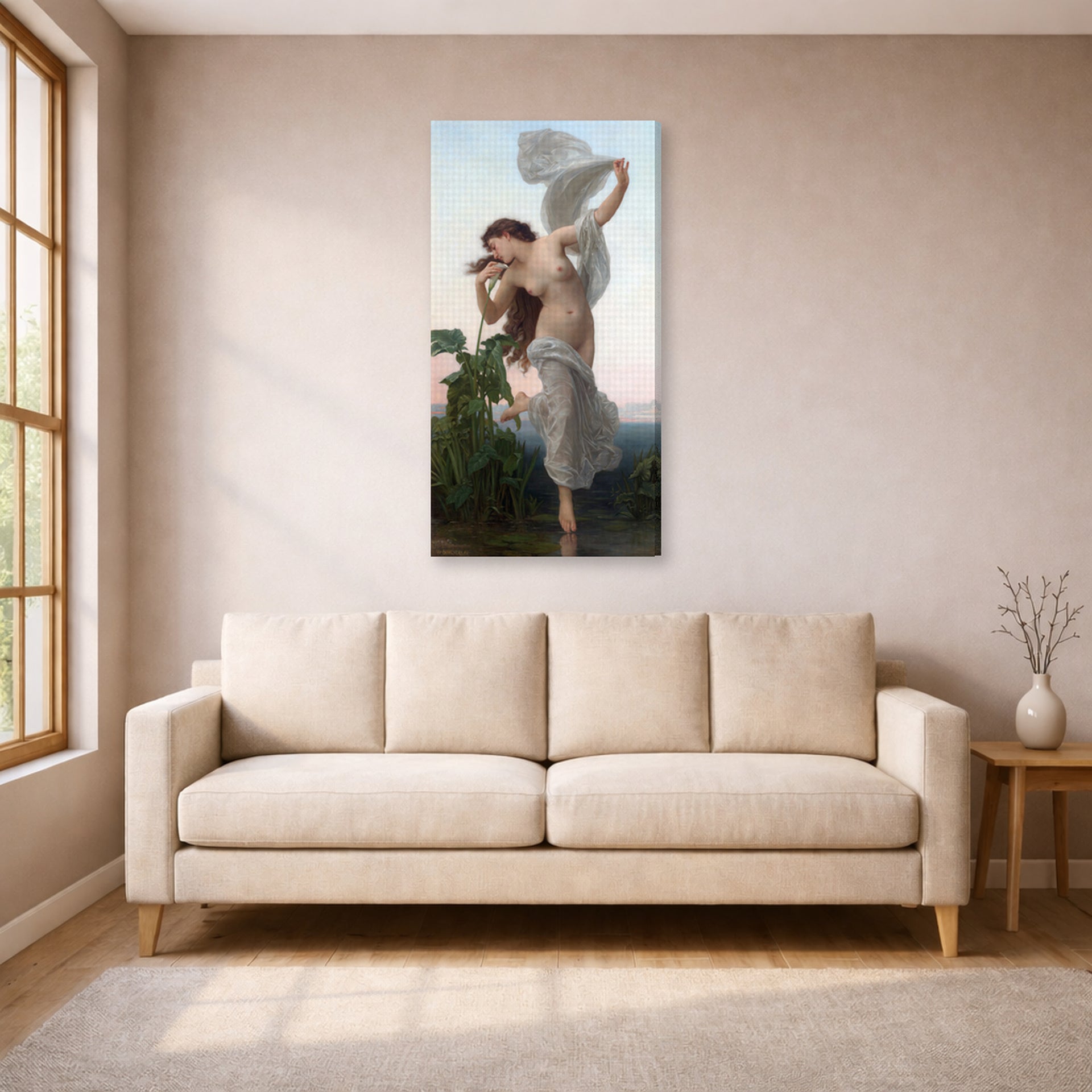 Gallery-wrapped canvas print of William-Adolphe Bouguereau's L'aurore displayed on a wall in a living room