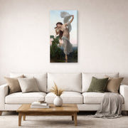 Gallery-wrapped canvas print of William-Adolphe Bouguereau's L'aurore displayed on a wall in a second living room setting