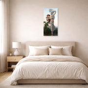 Unframed poster print of William-Adolphe Bouguereau's L'aurore displayed on a wall in a bedroom
