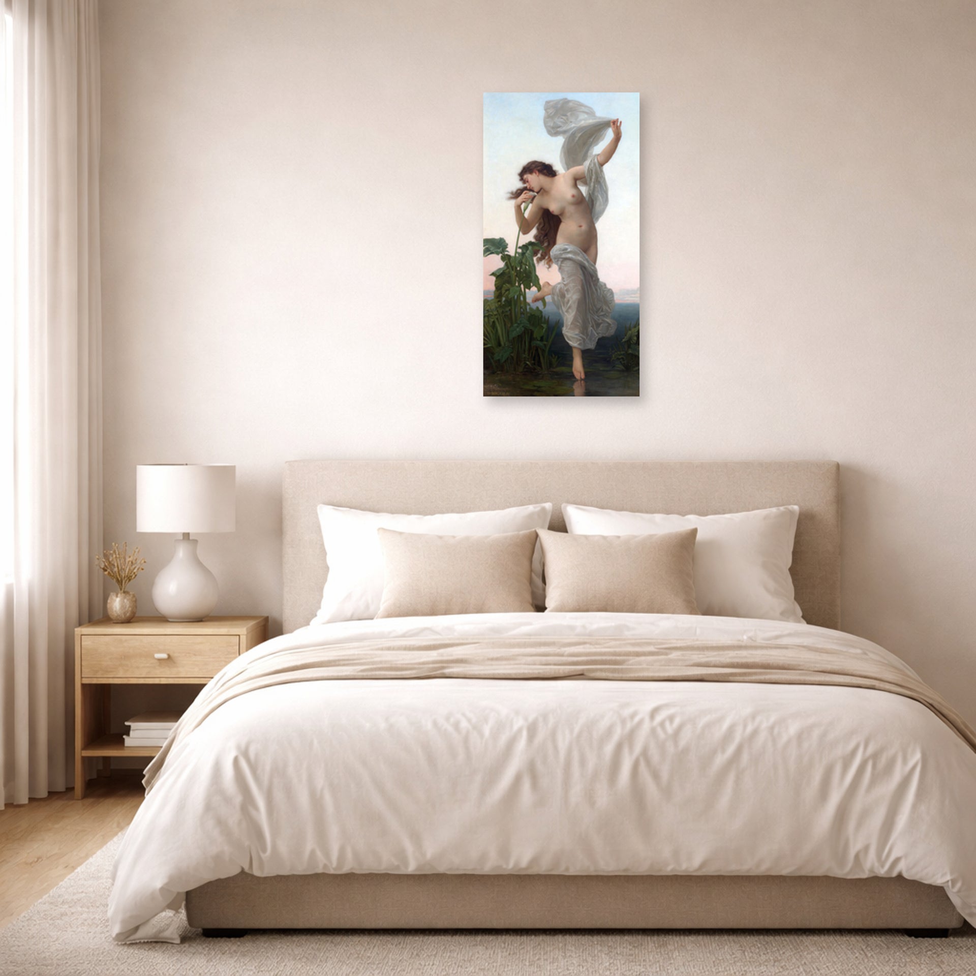 Unframed poster print of William-Adolphe Bouguereau's L'aurore displayed on a wall in a bedroom