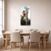 Unframed poster print of William-Adolphe Bouguereau's L'aurore displayed on a wall in a dining room