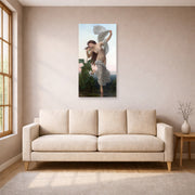 Unframed poster print of William-Adolphe Bouguereau's L'aurore displayed on a wall in a living room
