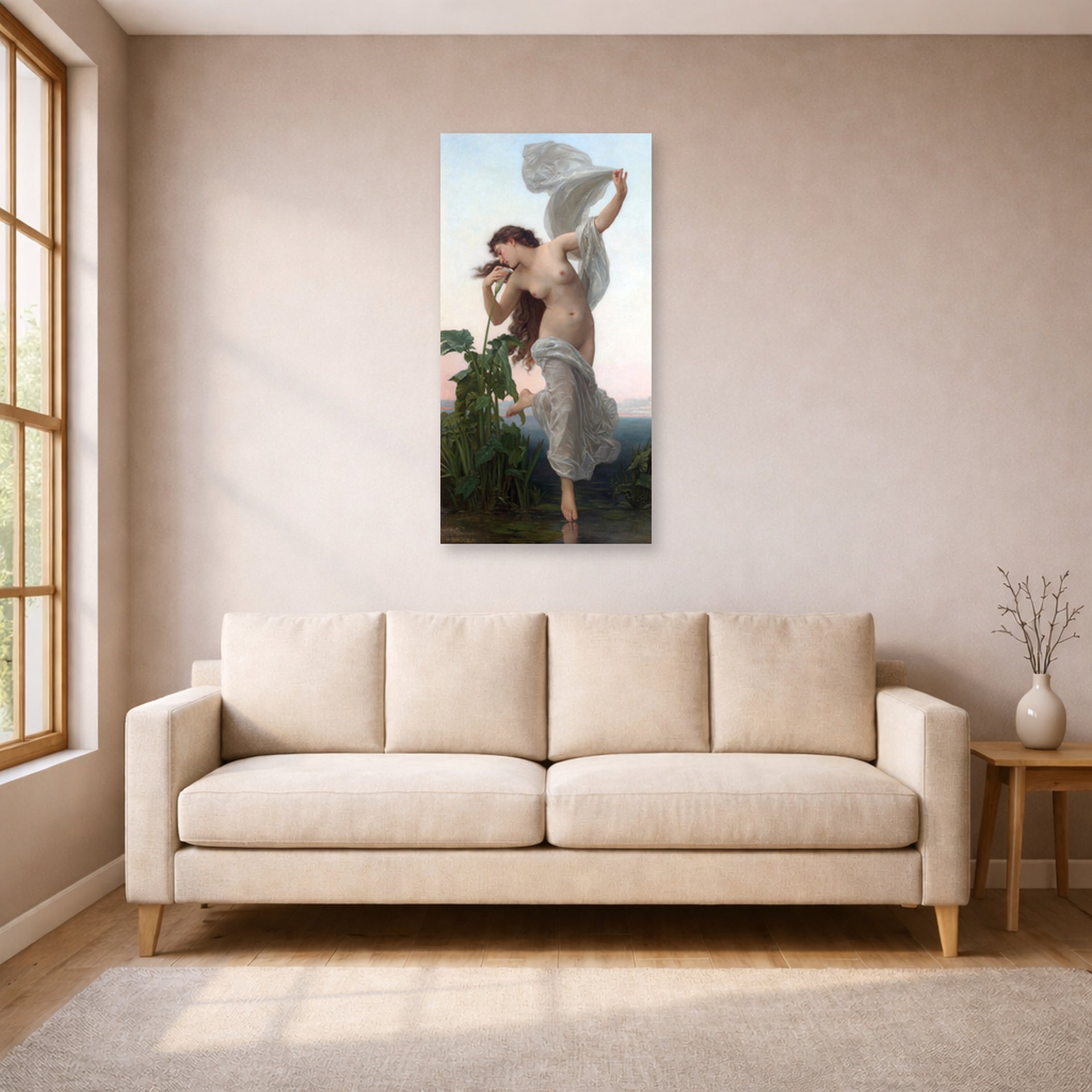 Unframed poster print of William-Adolphe Bouguereau's L'aurore displayed on a wall in a living room