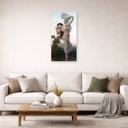 Unframed poster print of William-Adolphe Bouguereau's L'aurore displayed on a wall in a second living room setting
