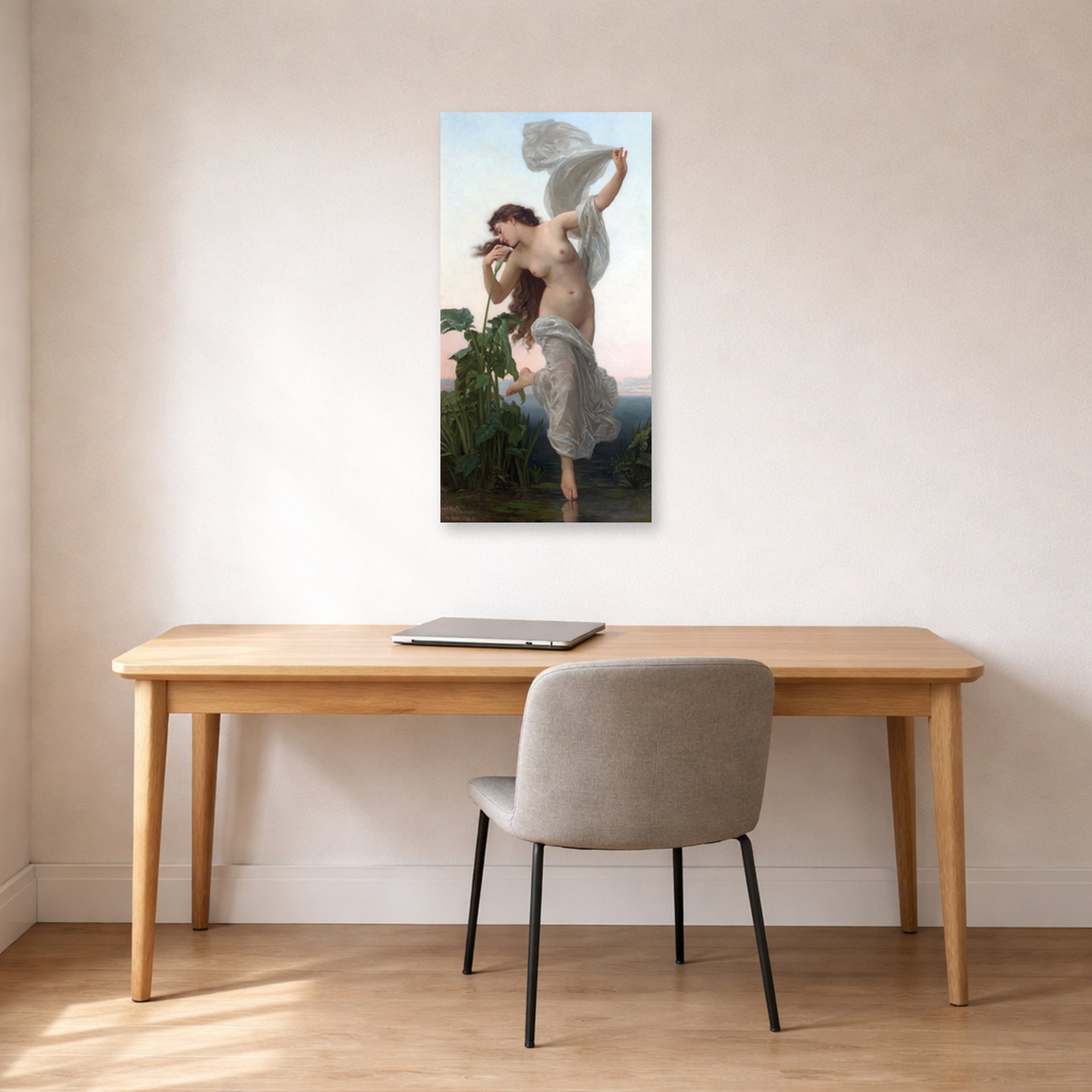 Unframed poster print of William-Adolphe Bouguereau's L'aurore displayed on a wall in a office