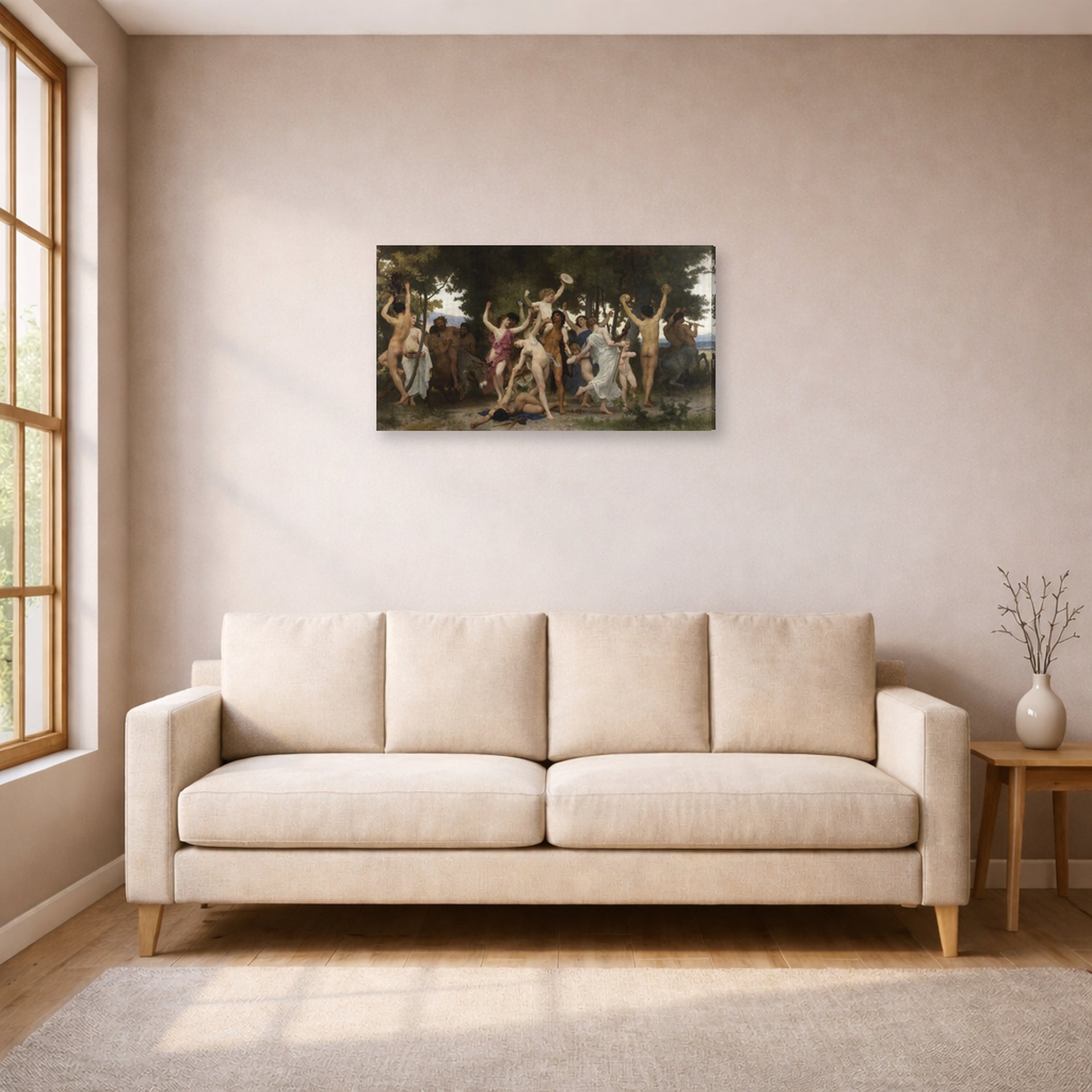 Gallery-wrapped canvas print of William-Adolphe Bouguereau's La Jeunesse de Bacchus (The Youth of Bacchus) displayed on a wall in a living room