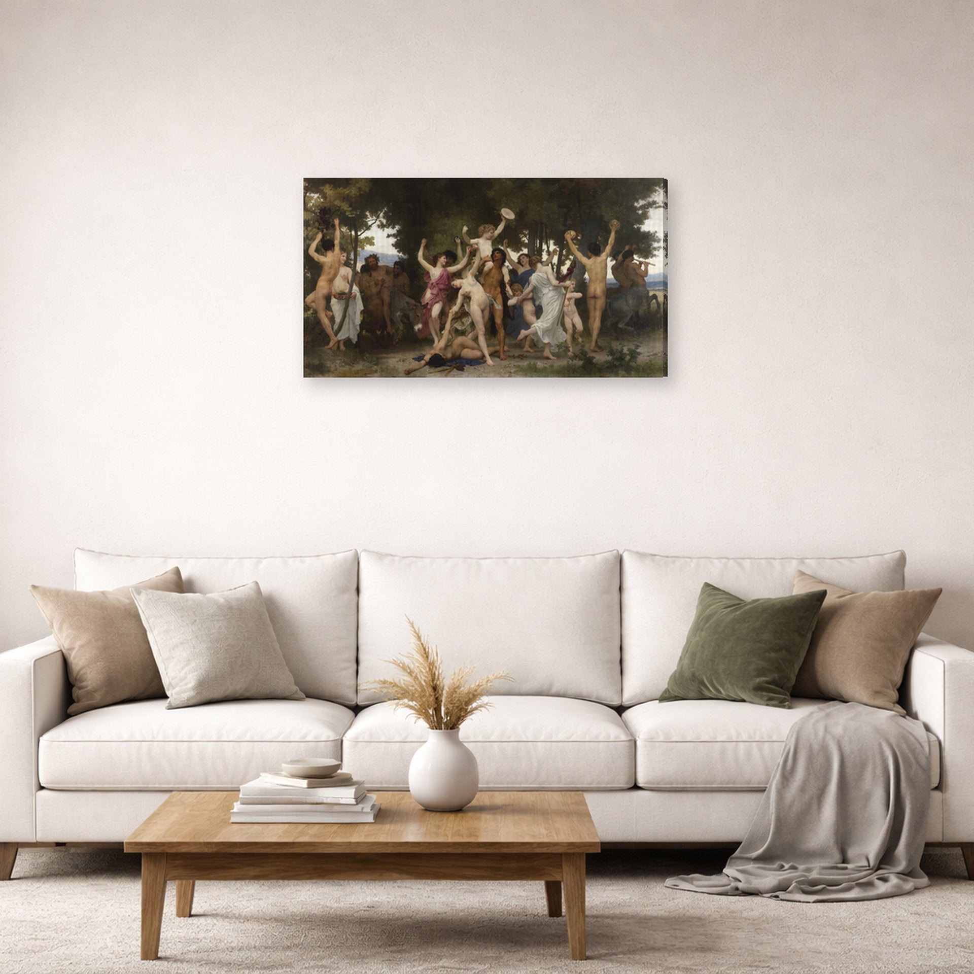 Gallery-wrapped canvas print of William-Adolphe Bouguereau's La Jeunesse de Bacchus (The Youth of Bacchus) displayed on a wall in a second living room setting
